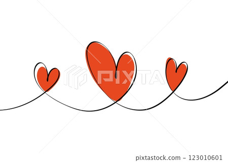One continuous line three heart drawing. Abstract romantic love symbol for valentines day greeting card, doodle linear fine line red hearts sketch. Vector illustration 123010601