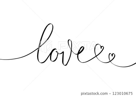 Love word one continuous line. Minimalist romantic linear lettering for valentines day greeting card, wedding invitation tattoo design. Vector illustration 123010675
