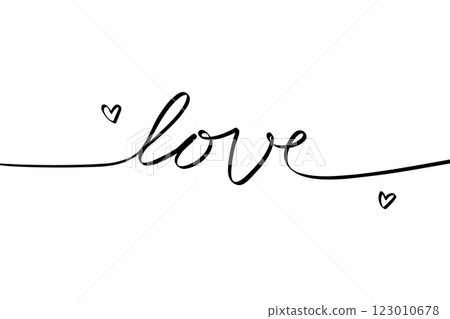 One line love text. Continuous line romantic heart shapes with lettering, modern minimalist black graphic for valentine day greeting card. Vector illustration One line love text. Continuous line romantic heart shapes with lettering, modern minimalist black graphic for valentine day greeting card. Vector illustration 123010678