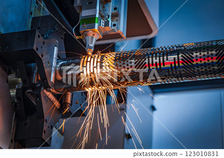 CNC Laser and gas cutting of metal, modern industrial technology. 123010831