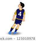 A young soccer player in a blue and yellow uniform with the number 4 stands in a dynamic pose. A young soccer player in a blue and yellow uniform with the number 4 stands in a dynamic pose. 123010978