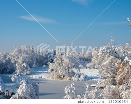 Zurich, Switzerland - December 12th 2023: Irchelpark in winter conditions with frozen lake and deep snow Zurich, Switzerland - December 12th 2023: Irchelpark in winter conditions with frozen lake and deep snow 123010984