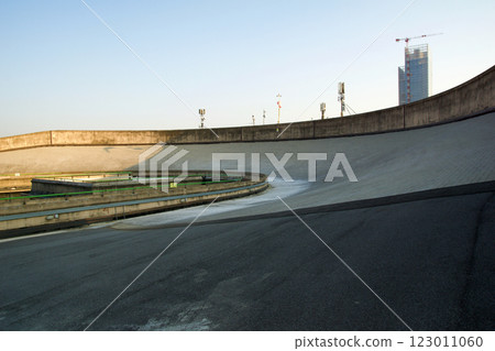 TURIN, ITALY - 14 SEP 2019: Legendary Fiat test track on the roof of the former Fiat car factory Lingotto in Turin, which is now used as an event and park facility 123011060