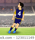 A young soccer player in a blue and yellow uniform with the number 4 is depicted on a field, looking up. A young soccer player in a blue and yellow uniform with the number 4 is depicted on a field, looking up. 123011149