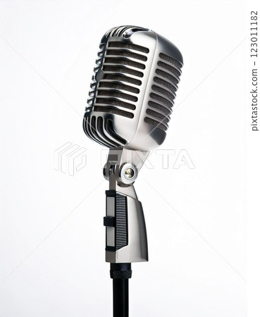 Vintage Microphone, Retro Style, Gold and Metallic, Shiny Classic Studio Mic, Audio Recording, Nostalgic Design, Sound Professional Broadcast, Concert Stage, Vocal Performance, Gold Elegant Microphone 123011182