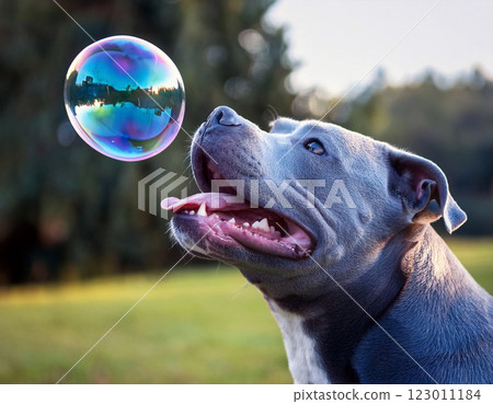 Gray pitbull looks up at a colorful bubble with its tongue out. Playful, perfect for pet projects, Close-up of an adorable pitbull with a rainbow bubble, perfect for pet-themed websites          123011184