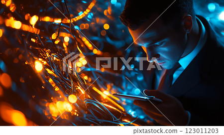 An IT support specialist uses a tablet while working in a server room. The concept of network management, data security, and technology maintenance. Generative AI. 123011203