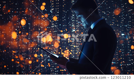 An IT support specialist uses a tablet while working in a server room. The concept of network management, data security, and technology maintenance. Generative AI. An IT support specialist uses a tablet while working in a server room. The concept of network management, data security, and technology maintenance. Generative AI. 123011210