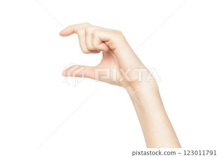 Female hand isolated at white background making size measuring gesture. Female hand isolated at white background making size measuring gesture. 123011791