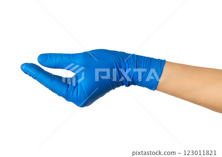 Closeup mockup of female hand in medical protective gloves isolated at white background. Holding gesture. Closeup mockup of female hand in medical protective gloves isolated at white background. Holding gesture. 123011821