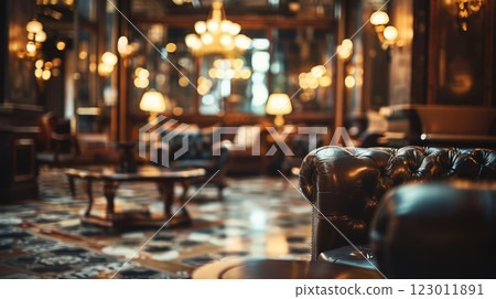 A vintage hotel lounge with plush armchairs 123011891