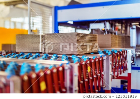 Closeup image of cardboard boxes on conveyor belt in distribution warehouse 123011919