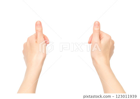 Closeup empty female hands making holding gesture isolated at white background. 123011939