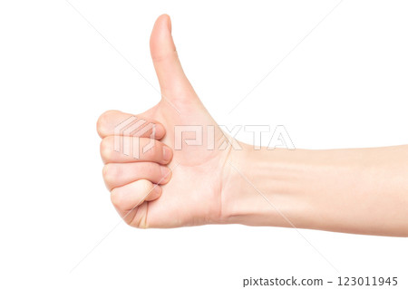 Closeup mockup of female hand with thumb up gesturing success isolated at white background. 123011945