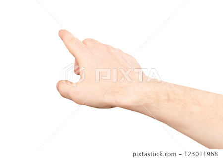 Closeup image of male hand making pointing gesture isolated at white background. 123011968