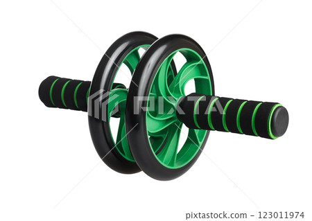 Closeup image o abdominal wheel isolated at white background. Home fitness fitness wheel. Healthy lifestyle at quarantine. Closeup image o abdominal wheel isolated at white background. Home fitness fitness wheel. Healthy lifestyle at quarantine. 123011974