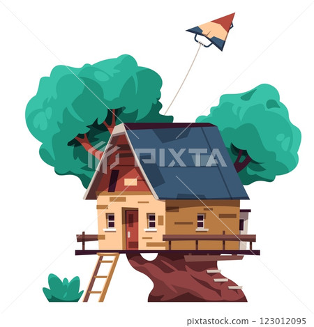 Children tree house. Kids playing construction. Cabin with rope or wooden ladders. Tire swing and kite. Cozy building on forest wood branch. Playground hut. Vector nature park landscape 123012095