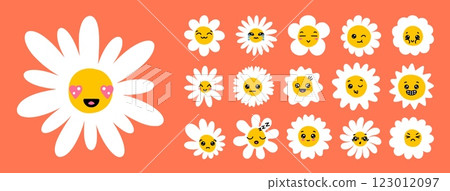 Flower face. Cute daisy smile, happy groovy character or spring fun emoji. Chamomile baby eye plants. Hippy meadow blossom mascot. Stickers wildflower collection. Vector cartoon isolated set Flower face. Cute daisy smile, happy groovy character or spring fun emoji. Chamomile baby eye plants. Hippy meadow blossom mascot. Stickers wildflower collection. Vector cartoon isolated set 123012097