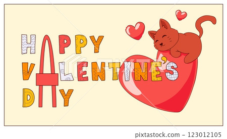 Happy Valentine's Day. Cute animals with red heart. Romantic holiday. Cat hugging love symbol. Amour and romance. Kawaii kitties embrace. Cartoon pets feeling. Vector greeting card Happy Valentine's Day. Cute animals with red heart. Romantic holiday. Cat hugging love symbol. Amour and romance. Kawaii kitties embrace. Cartoon pets feeling. Vector greeting card 123012105