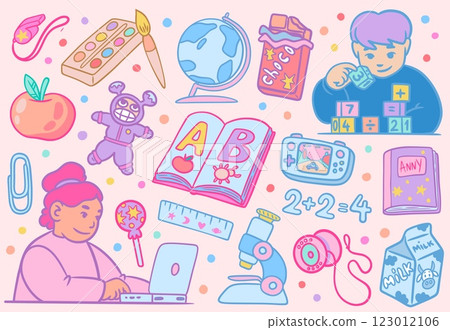 School icons. Cute kids science. Children reading ABC book. Boy playing with toy blocks. Globe or microscope. Student stationery. Study office. Pen and brush. Vector graphic elements set School icons. Cute kids science. Children reading ABC book. Boy playing with toy blocks. Globe or microscope. Student stationery. Study office. Pen and brush. Vector graphic elements set 123012106