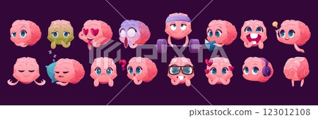 Cartoon brain. Cute emotion work character mascot, funny sport or brainy mind emoji. Memory symbol, intelligence emoticon. Education and knowledge sign. Stickers vector flat isolated icon Cartoon brain. Cute emotion work character mascot, funny sport or brainy mind emoji. Memory symbol, intelligence emoticon. Education and knowledge sign. Stickers vector flat isolated icon 123012108