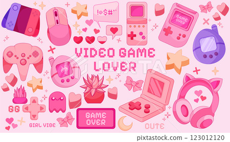 Gamer stickers. Cute kawaii girl game. Pink cat controller. Retro video gaming headset. Microphone and computer mouse. Rainbow technology. Y2K tamagotchi. Vector cartoon devices set Gamer stickers. Cute kawaii girl game. Pink cat controller. Retro video gaming headset. Microphone and computer mouse. Rainbow technology. Y2K tamagotchi. Vector cartoon devices set 123012120