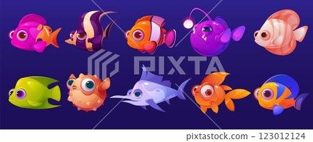 Sea fish. 3d cartoon animal character, underwater cute ocean creature. Under marine, fun aquarium life, animal goldfish, coral reef fauna. Render isolated vector bright funny decorative set 123012124