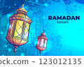 Colorful Ramadan Lanterns Against Blue Background 123012135