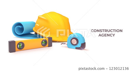 3D engineer helmet. Architecture worker equipment. Contractor hardhat for building maintenance. Home repair. House builder. Render plastic ruler. Construction agency vector background 123012136