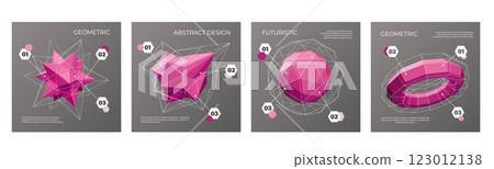 Polygon background. Abstract business cards. 3D shapes. Line triangles. Wireframe texture. Science infographic. Hexagon figures. Grid structure. Render sphere. Vector design banners set Polygon background. Abstract business cards. 3D shapes. Line triangles. Wireframe texture. Science infographic. Hexagon figures. Grid structure. Render sphere. Vector design banners set 123012138
