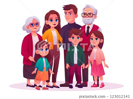 Happy family hug. People characters, big kids together. Grandmother and grandfather, child group with woman and man. Mother and father. Vector cartoon flat isolated generation illustration 123012141