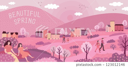 Spring background. Cherry blossom, cute sakura flowers and tree. Pink japan landscape, april sky and houses. Little homes and walking people, cartoon flat style isolated vector design 123012146