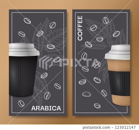 Coffee cup flyer. Sketch style beans on background. Takeaway aroma beverage packaging mockup. Blank realistic espresso cardboard mug. Vertical banner or poster design. Vector illustration 123012147