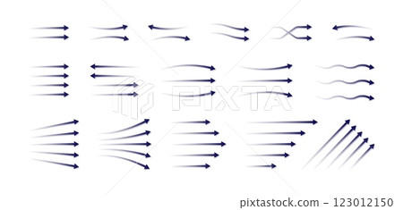 Air flow. Wind arrow icons. Blue light wave effect as fan direction. Conditioner breeze blowing. Water movement. Condition system. Airflow circulation. Cooling stream. Vector symbols set Air flow. Wind arrow icons. Blue light wave effect as fan direction. Conditioner breeze blowing. Water movement. Condition system. Airflow circulation. Cooling stream. Vector symbols set 123012150