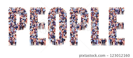 Many people. Crowd lettering. Citizens team. Men and women group standing together. Text top view. Urban community. Social gathering. Communication or togetherness. Vector word font 123012160