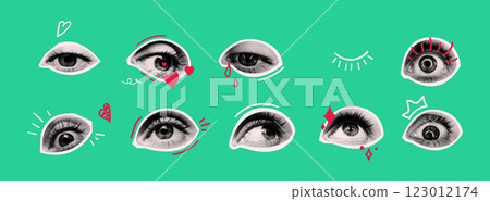 Halftone pop art collage with expressive eyes 123012174