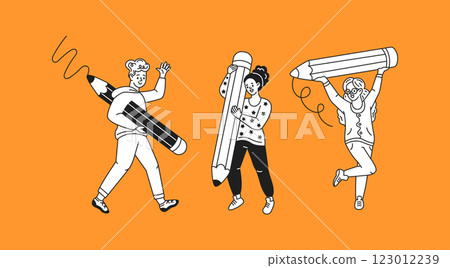 Young students holding giant pencils linear icons collection Young students holding giant pencils linear icons collection 123012239