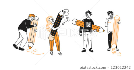 Students collaborate on group project color linear icons 123012242