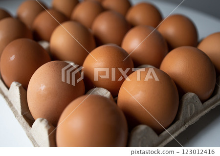 Chicken eggs in a paper tray close up Chicken eggs in a paper tray close up 123012416