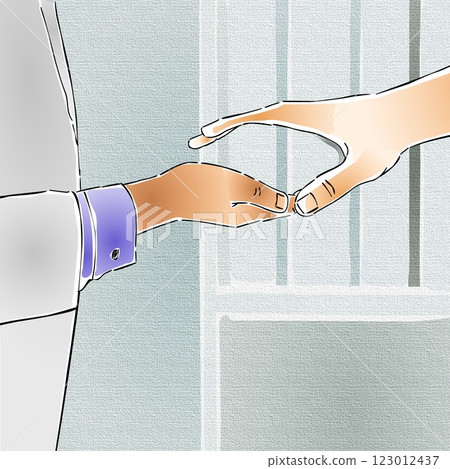 Two hands are reaching out to each other, nearly touching, against a backdrop of soft, muted colors. 123012437