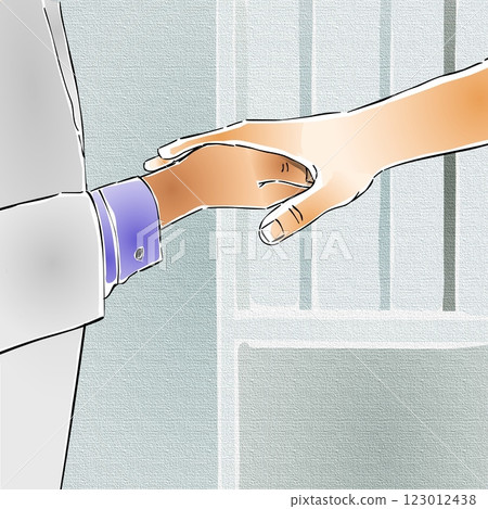 Two hands reach out towards each other, one belonging to a person in a white coat, suggesting a caring or supportive gesture.  123012438