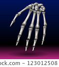 A detailed depiction of a human hand's skeleton is set against a gradient background transitioning from deep blue to pink. The light casts a metallic sheen on the bones, accentuating their structure. A detailed depiction of a human hand's skeleton is set against a gradient background transitioning from deep blue to pink. The light casts a metallic sheen on the bones, accentuating their structure. 123012508