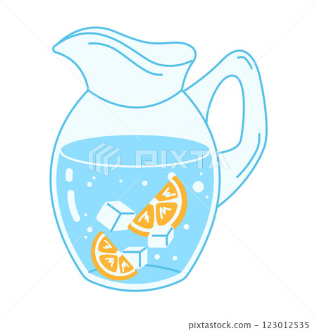 Jug of water with orange slices and ice cubes 123012535