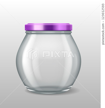 Small transparent glass jar with purple lid 123012593