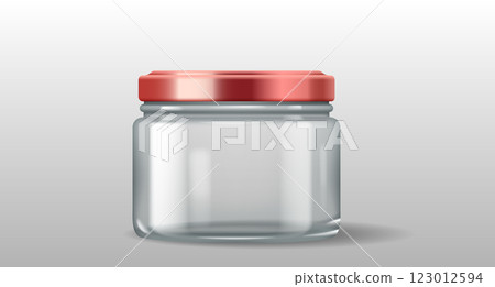 Short transparent glass jar with red lid 123012594