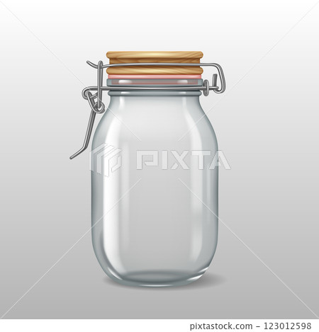Glass storage jar with wooden clasp lid Glass storage jar with wooden clasp lid 123012598