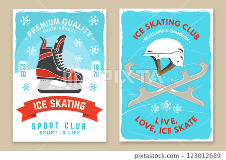 Set of Ice Skate club flyer, poster, banner design. Concept for shirt or logo, print, stamp or tee with skate, helmet. Winter sport. Vector illustration. Set of Ice Skate club flyer, poster, banner design. Concept for shirt or logo, print, stamp or tee with skate, helmet. Winter sport. Vector illustration. 123012689