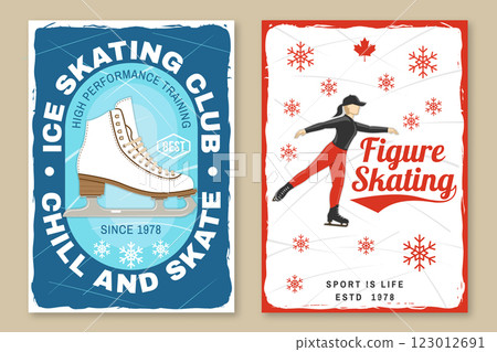 Set of Ice Skate club flyer, poster, banner design. Concept for shirt or logo, print, stamp or tee with skate, helmet, ice skater girl. Winter sport. Vector illustration. Set of Ice Skate club flyer, poster, banner design. Concept for shirt or logo, print, stamp or tee with skate, helmet, ice skater girl. Winter sport. Vector illustration. 123012691