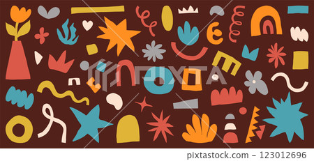 Shape abstract set vector illustration. Organic graphic design elements in naive modern flat style. Hand drawn doodle figure forms in retro color isolated on dark background. Minimal simple symbols 123012696