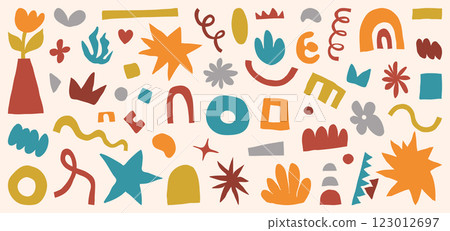 Shape abstract set vector illustration. Organic graphic design elements in naive modern flat style. Hand drawn doodle figure forms in retro color. Minimal simple cool trendy symbols Shape abstract set vector illustration. Organic graphic design elements in naive modern flat style. Hand drawn doodle figure forms in retro color. Minimal simple cool trendy symbols 123012697